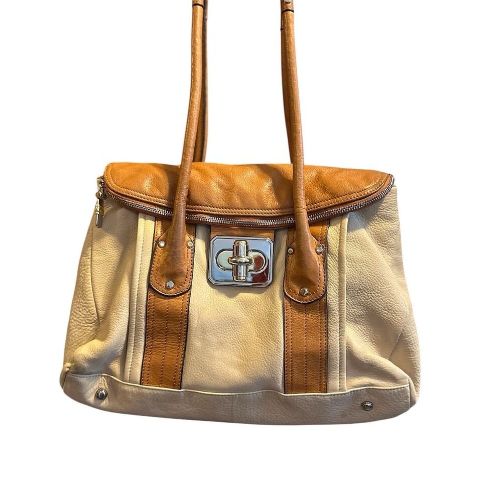 B. Makowsky Cream & Tan Leather Shoulder Bag Gold Hardware Women's